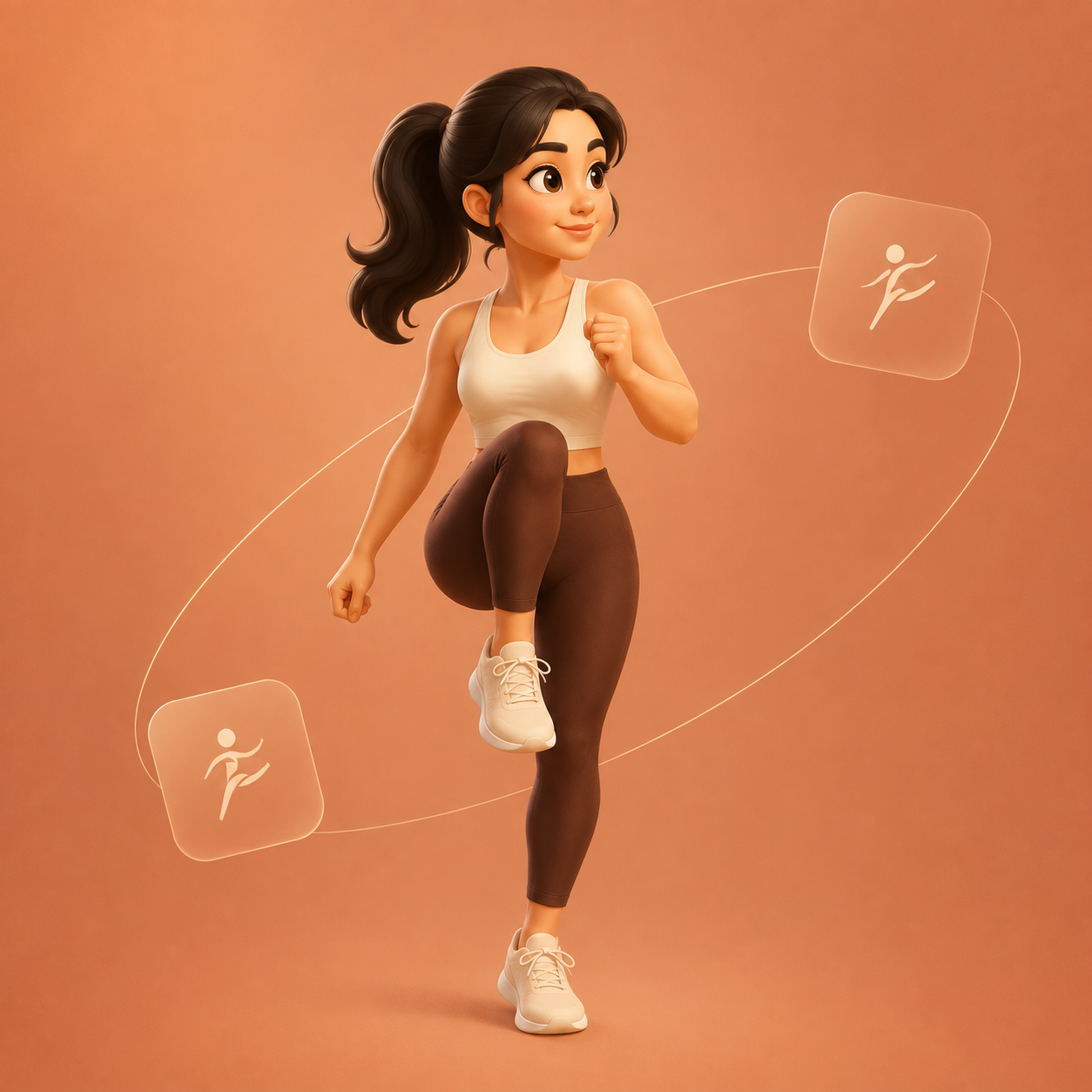 Movo 运动插画：一位女性轻松抬膝，周围环绕运动轨迹与动作卡片
